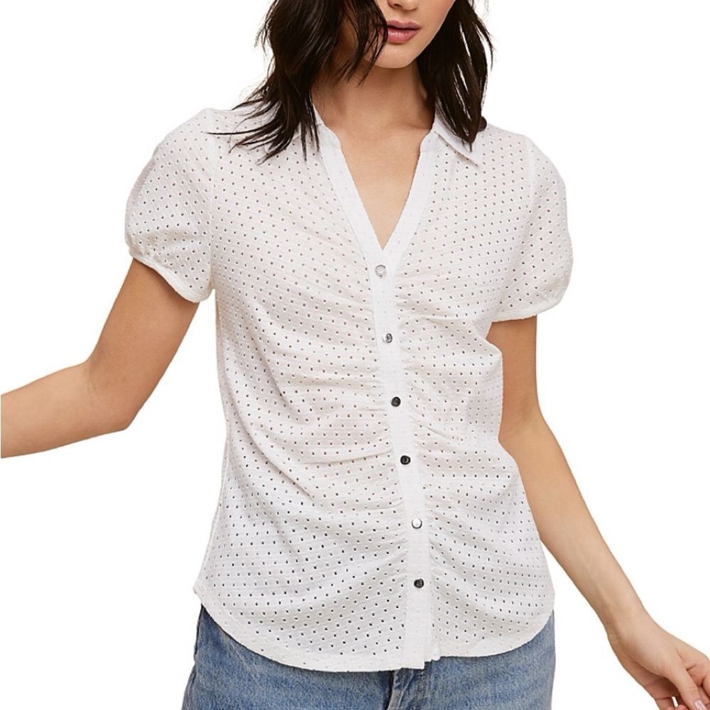 Single Thread Eyelet Button Front Shirt Puff Sleeve Fitted White M NEW